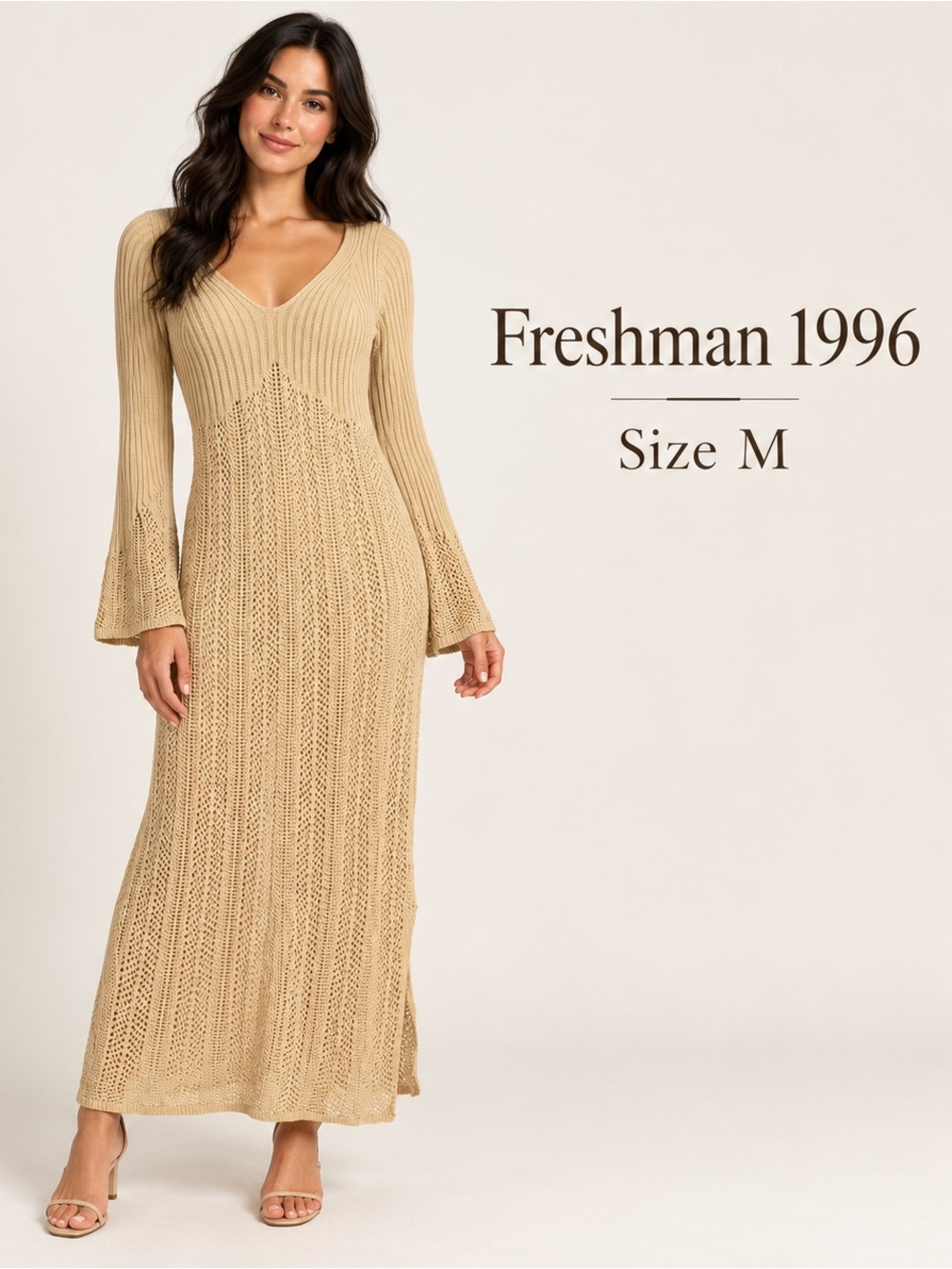 Freshman 1996 Beige Pointelle Knit Maxi Sweater Dress feminine crochet boho/M